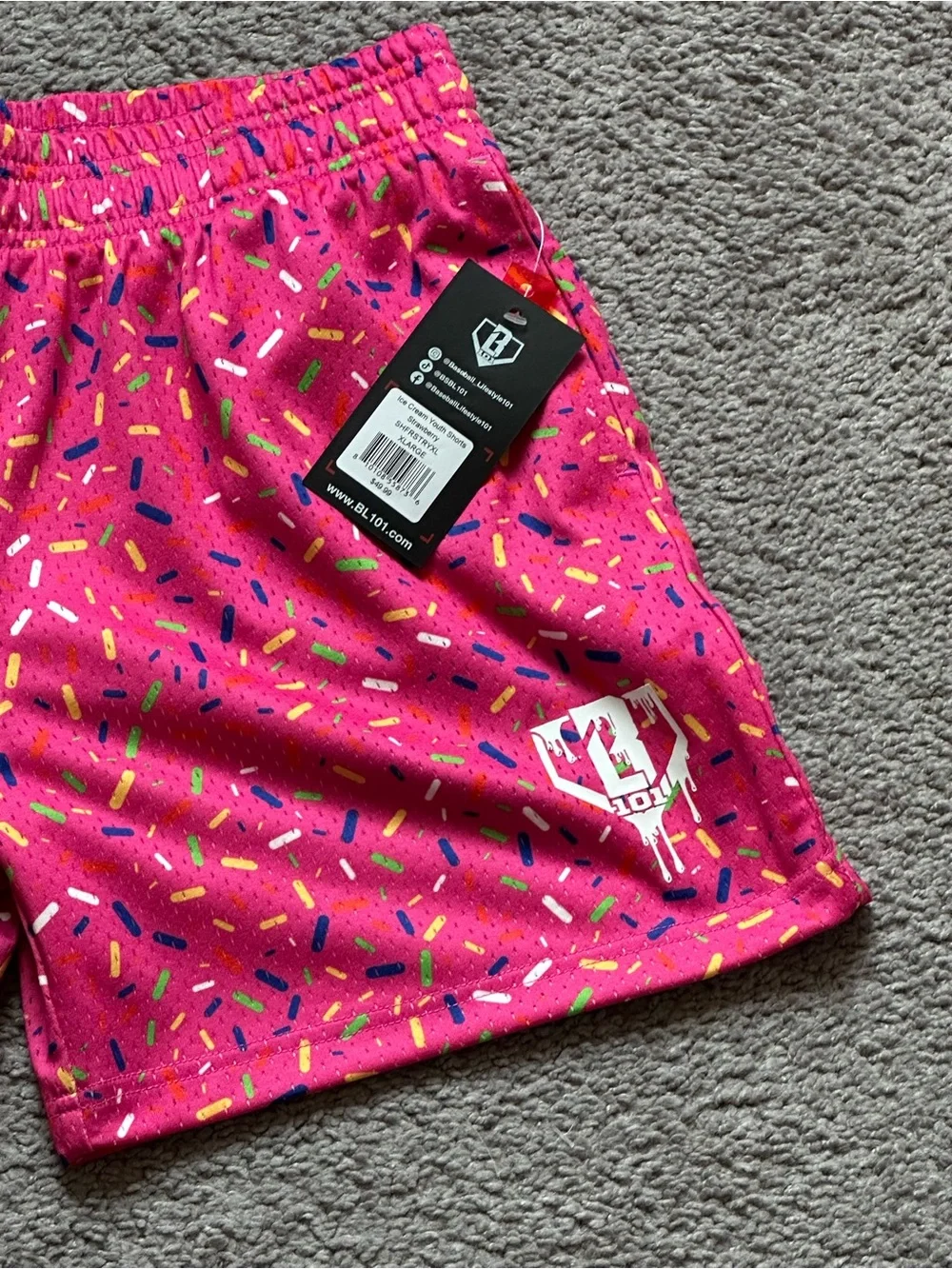 NWT BL101 Ice Cream Youth Shorts Polyester Sprinkles Pink Baseball YXL